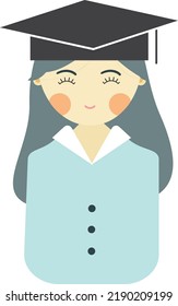 a girl wearing toga hat with blue skrit in graduation day. 