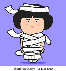Girl Wearing Toilet Paper Halloween Costume As A Mummy Concept Card Character illustration