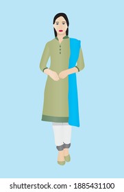 Girl wearing traditional Pakistani suit shalwar kameez and dupatta