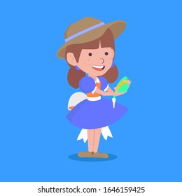 Girl wearing typical clothes for the Festa Junina holding a corn