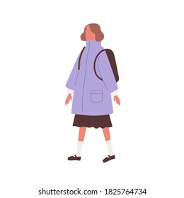 Girl wearing violet coat. Faceless female character walking with backpack. Schoolgirl in warm outwear. Flat vector cartoon isolated illustration isolated on white background