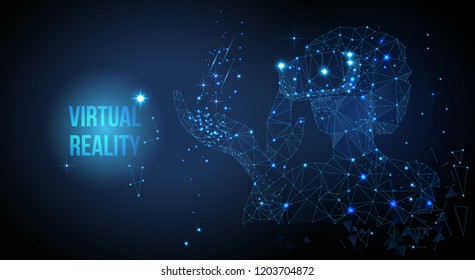 Girl wearing virtual reality glasses. Abstract vr world with wireframe glasses.  Virtual reality low poly illustration. metaverse concept
