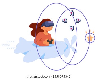 Girl wearing virtual reality headset with gamepad controls a virtual airplane flat vector illustration isolated on white.