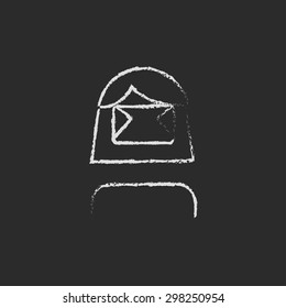 Girl wearing virtual relaity headset hand drawn in chalk on a blackboard vector white icon on a black background