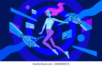 Girl wearing VR glasses, artificial intelligence digital interface, to experience virtual reality, metaverse, learning concept, technology innovation, vector illustration