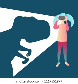 Girl wearing vr glasses looking at dinosaurus. Virtual reality concept. Fimale using modern device. Vector flat style image