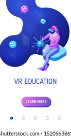 Girl wearing vr helmet holds and studies various viruses in virtual reality. Isometric vector illustration for mobile application landing page or advertising banner for educational website