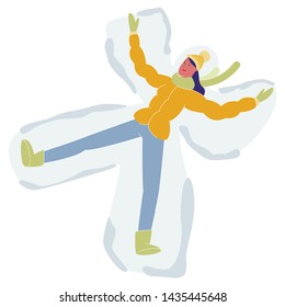 Girl Wearing Warm Clothes Lying on Ground Making Snow Angel Isolated on White Background. Winter Time Activities and Sparetime, Holiday Season, Christmas Vacation. Cartoon Flat Vector Illustration.