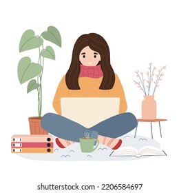 Girl wearing warm winter clothes working at the laptop at home. Cold temperature in the apartment. Saving energy resources. Vector illustration.