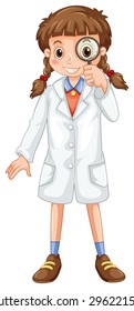 Girl wearing white overcoat looking through a magnifying glass 