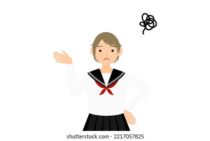 Girl wearing white school sailor uniform, Sighing, hands on hips in distress