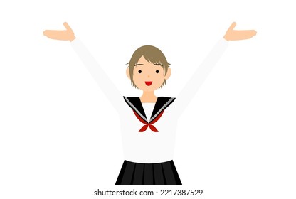 Girl wearing white school sailor uniform, Pose with outstretched hands raised