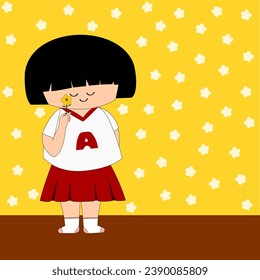 A girl wearing a white V-neck T-shirt with red trim on the alphabet "A" and a red miniskirt pleated around her. She is standing on a yellow flower background, and she has a yellow flower in her hand.