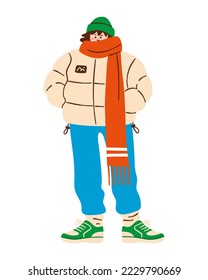 Girl wearing winter or autumn outfit. Vector illustration of a stylish character wearing a puffer jacket, long scarf and sneakers. Female winter fashion concept.