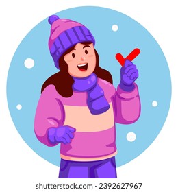 Girl Wearing Winter Clothes Holding a check mark