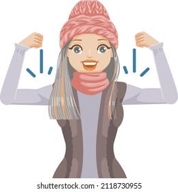 girl wearing winter clothing pointing to a strong hand