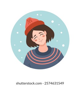 Girl wearing winter had and sweater avatar. Winter, Happy Holidays vector illustration. Manga style