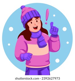 Girl wearing a winter hat and gloves with exclamation mark