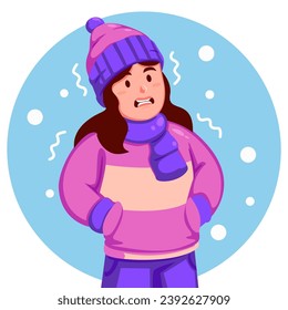 Girl Wearing a Winter Hat and Scarf feels shivering from the cold