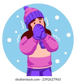 Girl Wearing a Winter Hat and Scarf feels shivering from the cold