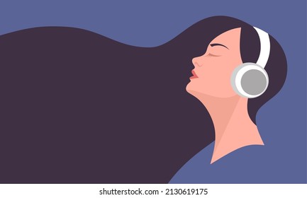 Niña con auriculares inalámbricos escuchando música, con espacio libre para texto, ilustración vectorial.