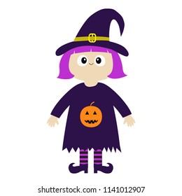Girl wearing Witch costume curl hat. Orange pumpkin. Happy Halloween. Cartoon funny spooky baby magic character. Cute head face. Greeting card. Flat design. White background. Isolated. Vector