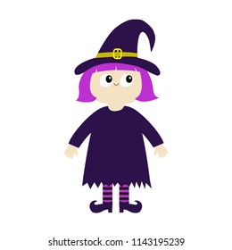 Girl wearing Witch costume curl hat. Happy Halloween. Cartoon funny spooky baby magic character. Cute head face. Greeting card. Flat design. White background. Isolated. Vector illustration