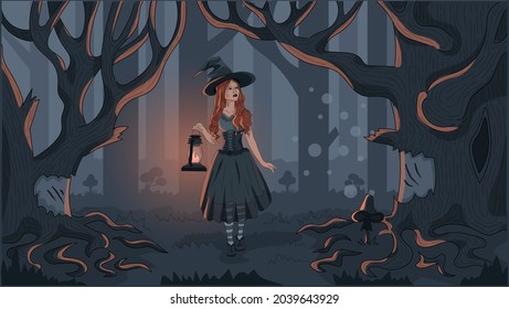 Girl wearing a witch hat in the forest at night, holding the lantern. Sophisticated trees and mushrooms on the complex background. Very creepy and suspense Halloween mood.