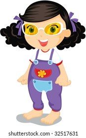 Girl wearing yellow glasses and purple over-alls