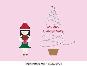 The girl wears a christmas hat holds a gift box,Christmas background