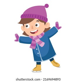 A Girl Wears Her Winter Clothes Playing Ice Skate. Kids Activities.