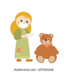 Girl wears a mask.A girl in a green dress with blond hair puts on a mask on a teddy bear.Vector children's illustration