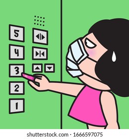 Girl wears medical face mask and uses rubber finger glove to protect her from germs When Pressing Elevator Button Concept Card Character illustration