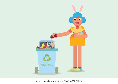 A girl wears a rabbit hat and discards the broken egg in its place. Colorful Easter vector illustration, this illustration can use as a sticker also.