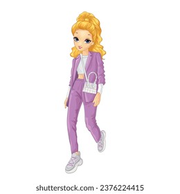 Girl wears trouser suit consisting of jacket and trousers