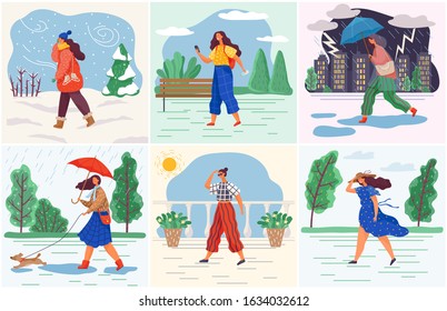 Girl and weather conditions, woman wearing seasonal clothes vector. Female character walking on street in rain or snowfall, summer heat or windy day. Changing seasons and fashion, outfits illustration