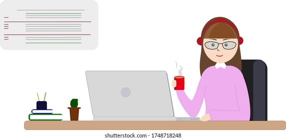 La chica desarrolladora web trabaja en un portátil. Ilustración vectorial colorida