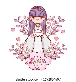 girl with wedding dress and branches leaves