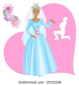 Girl in wedding gown, on background - a heart with silhouette of the bridegroom and flowers