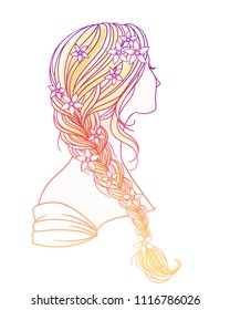 Girl with wedding  hair style with flowers from the back, hand drawn vector outline illustration for invitation and bridal shower.