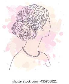 Girl in wedding  hair style with flowers from the back, hand drawn vector illustration.