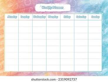 Plantilla de planificador de chicas semanales. Organizador de horarios semanales imprimibles. Lista de tareas pendientes, lindos doodles de verano coloridos arcoiris. Calendario de estilo de ilustración de acuarela vectorial.