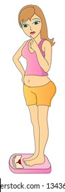 The girl weighed. Excess weight. Worry woman. Vector illustration.