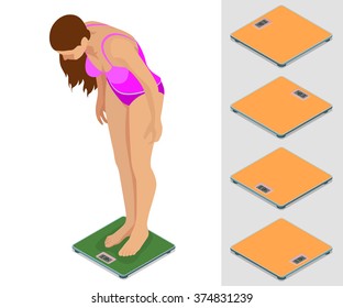 Girl weighing. Woman standing on the scales. Flat 3d isometric illustration. For infographics and design