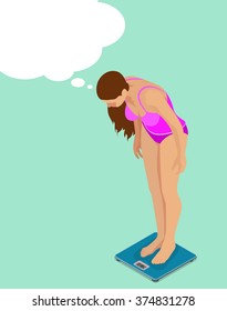 Girl weighing. Woman standing on the scales. Flat 3d isometric illustration. For infographics and design