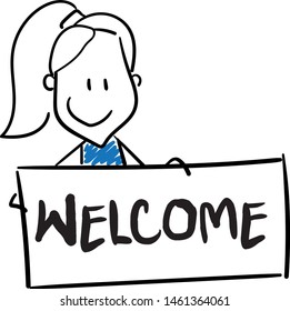 Girl with the Welcome list.  hand drawn doodle line art cartoon design character - isolated vector illustration outline of woman.
