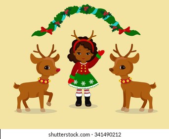 Girl welcomes Christmas.Vector Illustration.