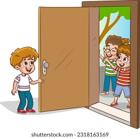 girl welcoming guests at the door vector illustration