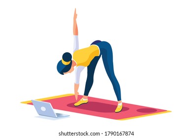 Girl wellness, sports at home by workout doing. Healthy workout for the body, home indoor sports for female wellness. Training female indoors for body health concept. Cartoon style vector illustration