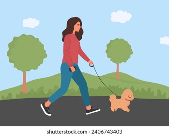 Girl went out for a walk with her small cute dog, outdoors in nature. Young woman leading cute doggy on leash. Flat illustration of walking, strolling female character and cute puppy. Vector